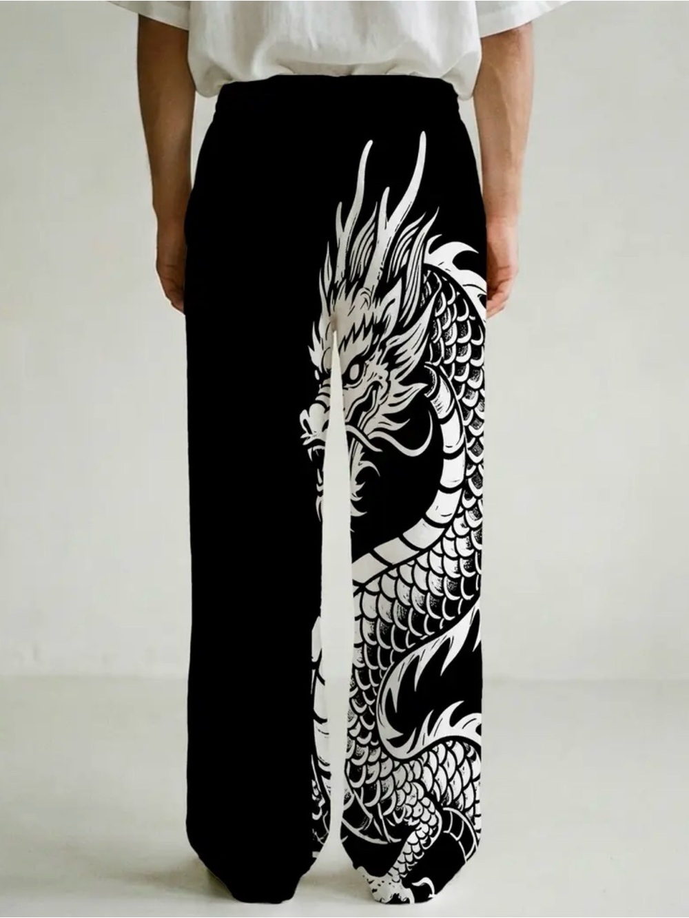 Black Wide-Leg Pants with White Dragon Print